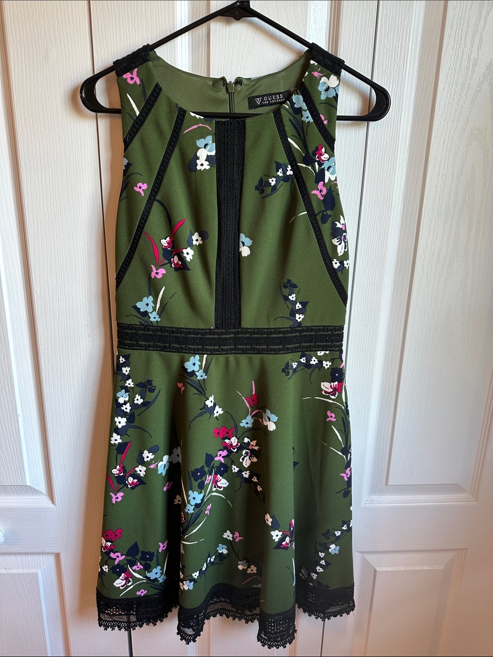 GUESS Olive Green Floral Lace-Trim Fit & Flare Dress